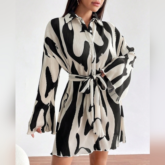 Allover Print Belted Shirt Dress - Picture 2 of 5